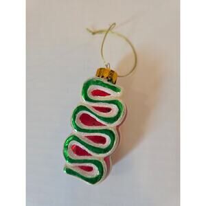 Blown Glass Ribbon Candy Red Green White Glitter Christmas Ornament Holiday